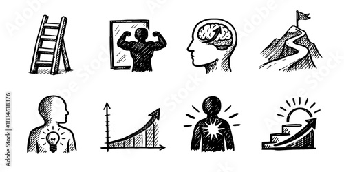 Personal growth sketch icon collection in black. Set of self improvement, motivation, mindset development, progress and achievement icons in doodle style