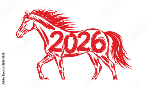 Red 2026 Year of the Horse Chinese Zodiac Graphic with Horse Silhouette vector illustration