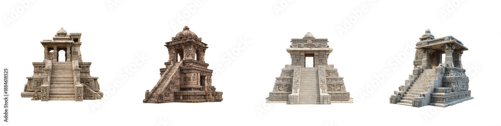 Obraz premium Four detailed sandstone architectural tower elements showcasing intricate designs and staircases on transparent background high quality