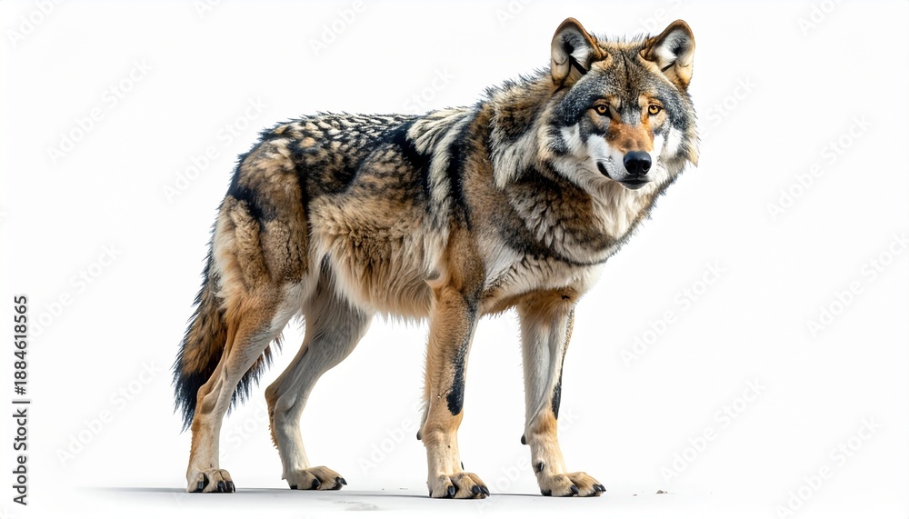 Obraz premium Full body portrait of a majestic gray wolf standing alertly. The wild canine, Canis lupus, is depicted with thick, textured fur and intense yellow eyes, isolated on a clean white background.