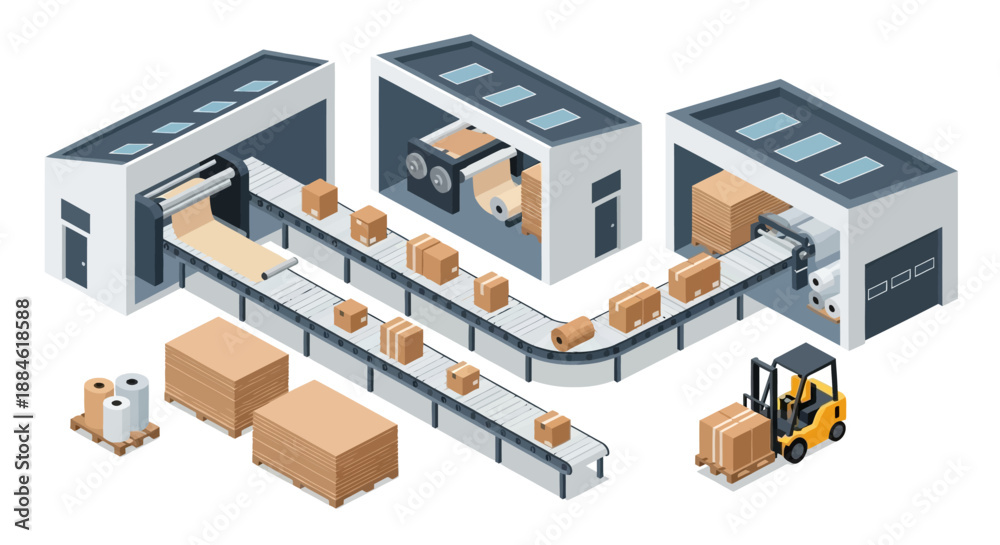 Obraz premium Automated industrial production line with conveyor belts, packaging machinery, and a forklift moving boxes.