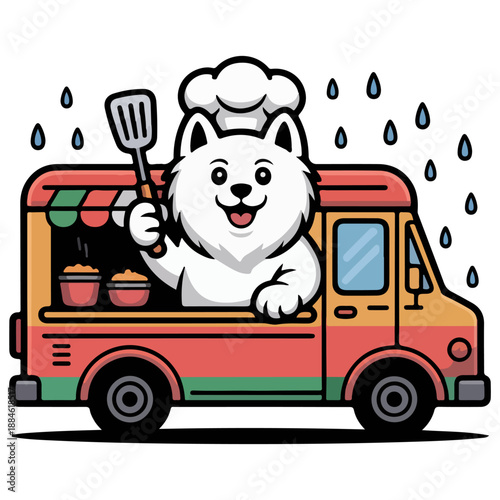 A charming food truck, complete with a chef-hatted dog, serves up deliciousness in the rain