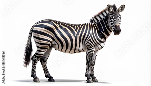 Full-length side view of a majestic zebra with its distinctive black and white stripes. Realistic wild animal portrait captured in a studio setting, isolated on a clean white background.