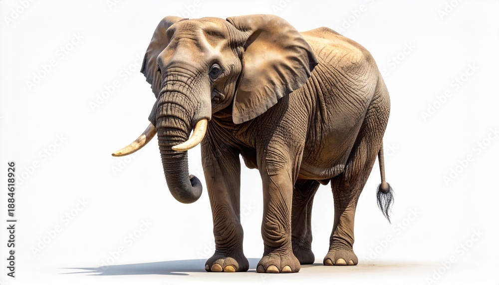 Obraz premium A majestic full-body portrait of a large African elephant with ivory tusks and wrinkled gray skin, standing proudly and looking forward, isolated on a clean white background with a soft shadow.