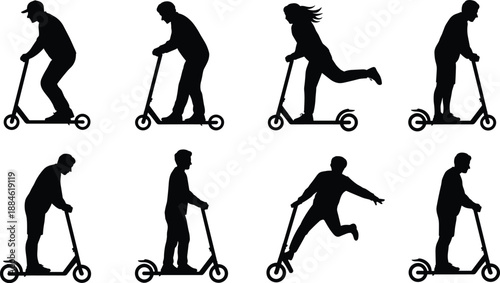 People riding kick scooters silhouettes set, men and women scooting for recreation, urban commuting, fitness and outdoor lifestyle vector design
