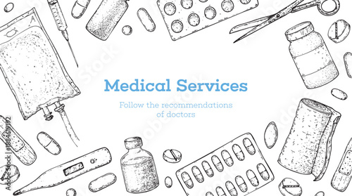 Healthcare and medicine illustration. Vector sketch objects. Medical tool. Hand drawn vector illustration. Drugs and medical products and devices. Design elements set.