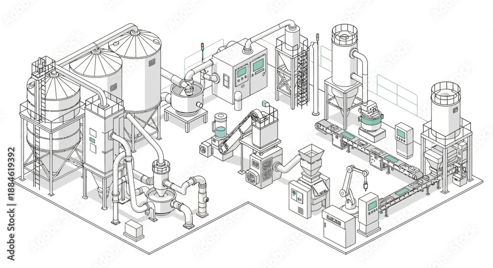 Fototapeta premium Isometric illustration of a modern industrial processing plant with various machinery, storage silos, and conveyor belts, showcasing a complex manufacturing workflow.