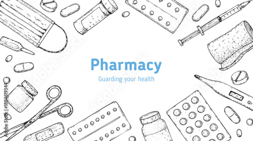 Healthcare and medicine illustration. Vector sketch objects. Medical tool. Hand drawn vector illustration. Drugs and medical products and devices. Design elements set.