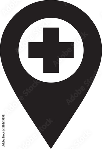 Free Download Title: Medical location pin icon with a healthcare cross, representing hospital navigation, clinic GPS markers, and emergency health services. Minimalist black vector illustration for maps. - GFXLoad