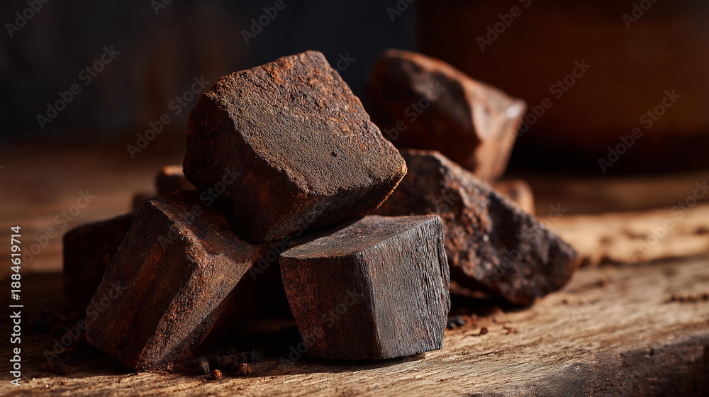 Fototapeta premium Close view of charcoal pieces scattered naturally, imperfect forms highlighting realism, texture, and earthy presence. cinematic color correction, natural uneven lighting yet gentle backlight, soft