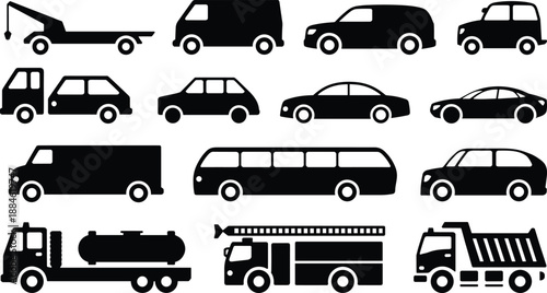 Vehicle silhouette icon set with cars, vans, buses, trucks, tow truck and service vehicles for transport and logistics design