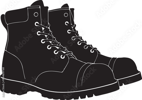 Black boots with laces and rugged soles isolated on transparent background