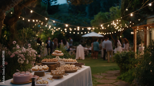 A cozy baby shower scene in a backyard garden adorned with twinkling lights, tables filled with sweet treats, and attendees exchanging gifts and heartfelt wishes for the new arrival. cinematic