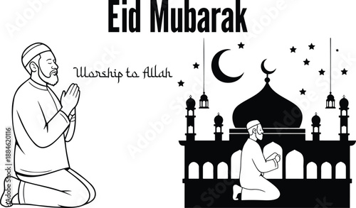 A devout Muslim man kneels in prayer alongside a mosque silhouette under the Eid Mubarak greeting