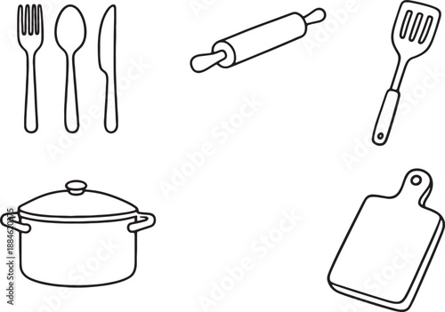 Kitchen utensils and cooking equipment doodle icons set for culinary and food design