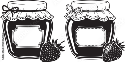 Two jars of jam with strawberries silhouette isolated