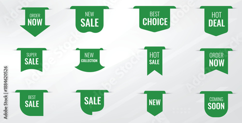 Vector Set of Green Marketing Labels and Discount Badges for E-commerce Websites – Sale, Hot Deal, Best Choice, New Arrival, Offer Now and Coming Soon Tags.
