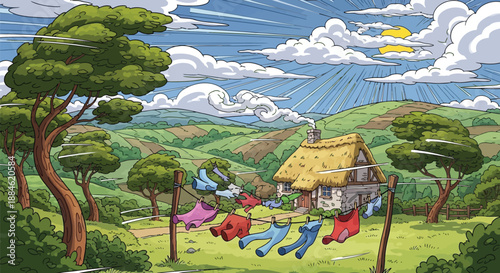 Cartoon Background A whimsical cottage scene with laundry drying on a line, set against rolling green hills and a bright, sunlit sky with dynamic clouds