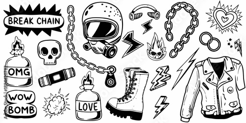A collection of edgy hand drawn style punk and rebellious elements illustrated