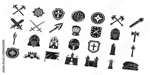 A collection of medieval weaponry and heraldic symbols in a black and white illustration