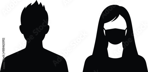Masked Woman and Unmasked Man Silhouette Icons Illustration Showing Face Mask Comparison, Health Safety Awareness and Pandemic Prevention Concept in Minimal Black Vector Style