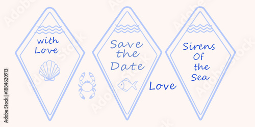 Three diamond shaped designs with ocean themes text and marine life illustrations