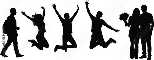 People silhouette set showing walking, jumping, celebrating, and couple standing together representing lifestyle moments, happiness, freedom, relationships, and social interaction concepts