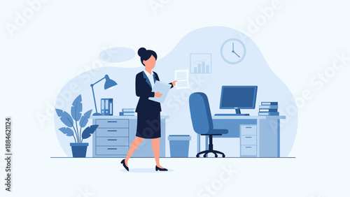 Businesswoman walking in office holding documents, modern workspace illustration