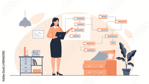 Businesswoman presenting flowchart on digital tablet in modern office