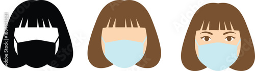 Woman Wearing Medical Face Mask Icons Illustration Showing Silhouette, Flat and Detailed Styles for Health Safety, Pandemic Protection and Healthcare Awareness Design