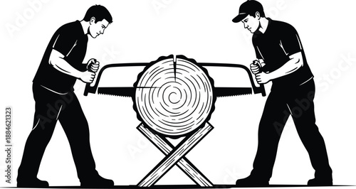 Two men sawing wood log together illustration showing teamwork, manual labor, cooperation, woodworking process, traditional craftsmanship, and collaborative effort concept