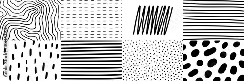 Collection of eight hand-drawn black and white abstract patterns including wavy lines, dashes, scribbles, dots, and irregular shapes on a white background