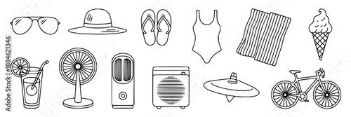Collection of summer vacation icons: sunglasses, hat, flip flops, swimsuit, towel, ice cream, drink, fan, bike