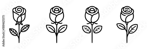 Set of four minimalist black outline rose icons with leaves on a clean white background, simple botanical graphic elements