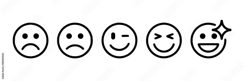 Fototapeta premium Set of five black outline emoji icons showing different emotions: sad, winking, smiling, and delighted with sparkle. Vector graphic.