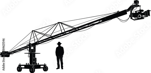 Film camera crane silhouette with operator illustrating professional movie production, cinematography equipment, video shooting technology, and modern filmmaking industry concept