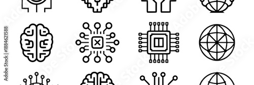 Set of line art icons representing artificial intelligence, brains, computer chips, and global networks with circuit board elements