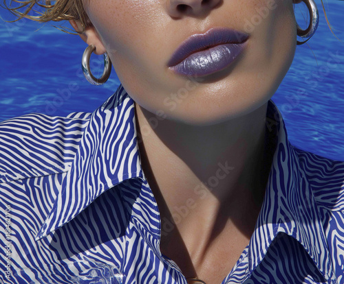 Close-up portrait of a model in a wavy zebra-striped shirt with metallic purple lips. Futuristic poolside fashion with chrome hoop earrings.