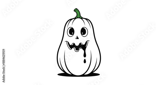 Uniquely shaped tall white halloween pumpkin featuring a spooky face with black liquid dripping from the mouth onto the floor.