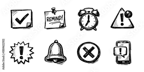 Notification reminder sketch icon collection in black. Set of alert, reminder, alarm, warning and message status icons in doodle style