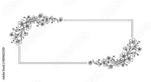 Minimalist rectangular border is decorated with delicate black and white floral line art in two opposite corners for an elegant aesthetic.