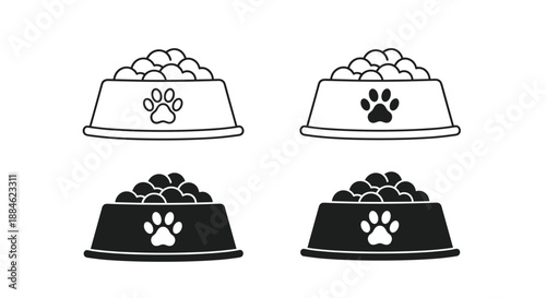 Set of four pet food bowls with paw print designs is shown in different styles including simple outlines and solid black silhouette versions.