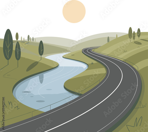 Landscape of road at the river with white sky and sun vector background.