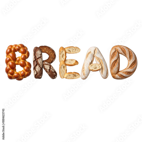 Assorted bread types forming the word bread isolated on transparent background