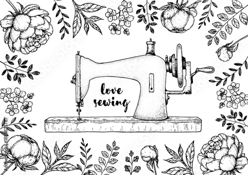 Vintage sewing machine, twigs and flowers. Hobby packaging design. Hand drawn vector illustration.