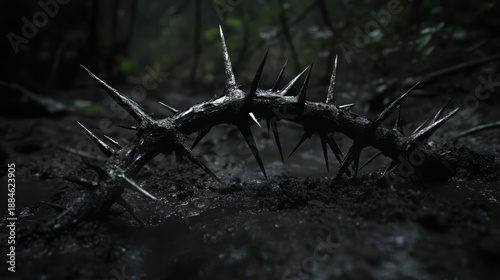 A sharp crown of intertwined dark thorny branches lies on the wet ground a symbol of pain and suffering