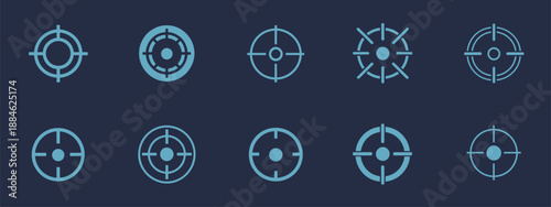 Modern blue digital crosshair target icons, futuristic sniper reticle designs for weapon sights, shooting games, military optics, hud interface, army aim focus, and navigation graphics.