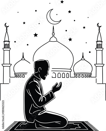 Man praying in front of a mosque isolated on transparent background