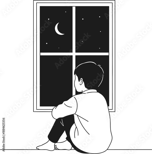 A man sitting by a window looking out at night isolated on transparent background