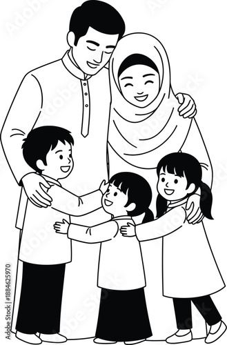 A muslim family of five embracing each other isolated on transparent background
